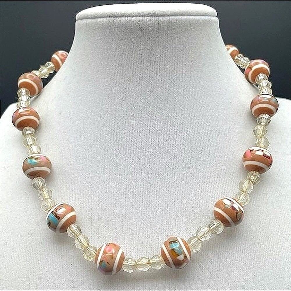 Vintage Orange White Striped Glass Bead Choker Necklace Crystal Spacers 15 in